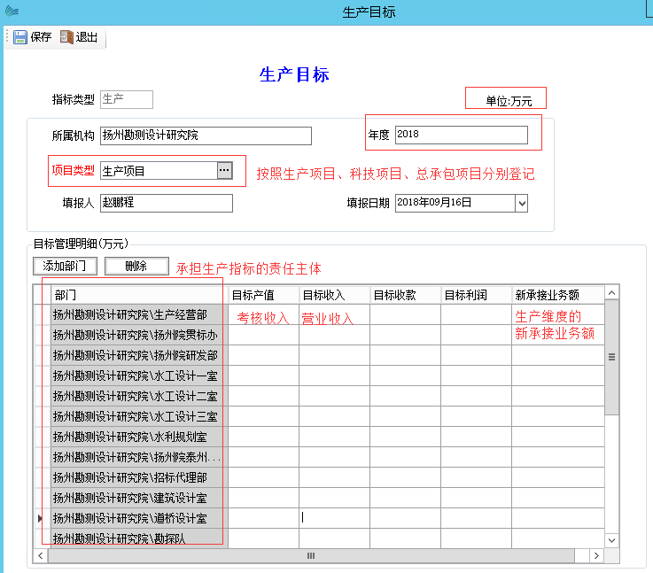 表单：生产目标