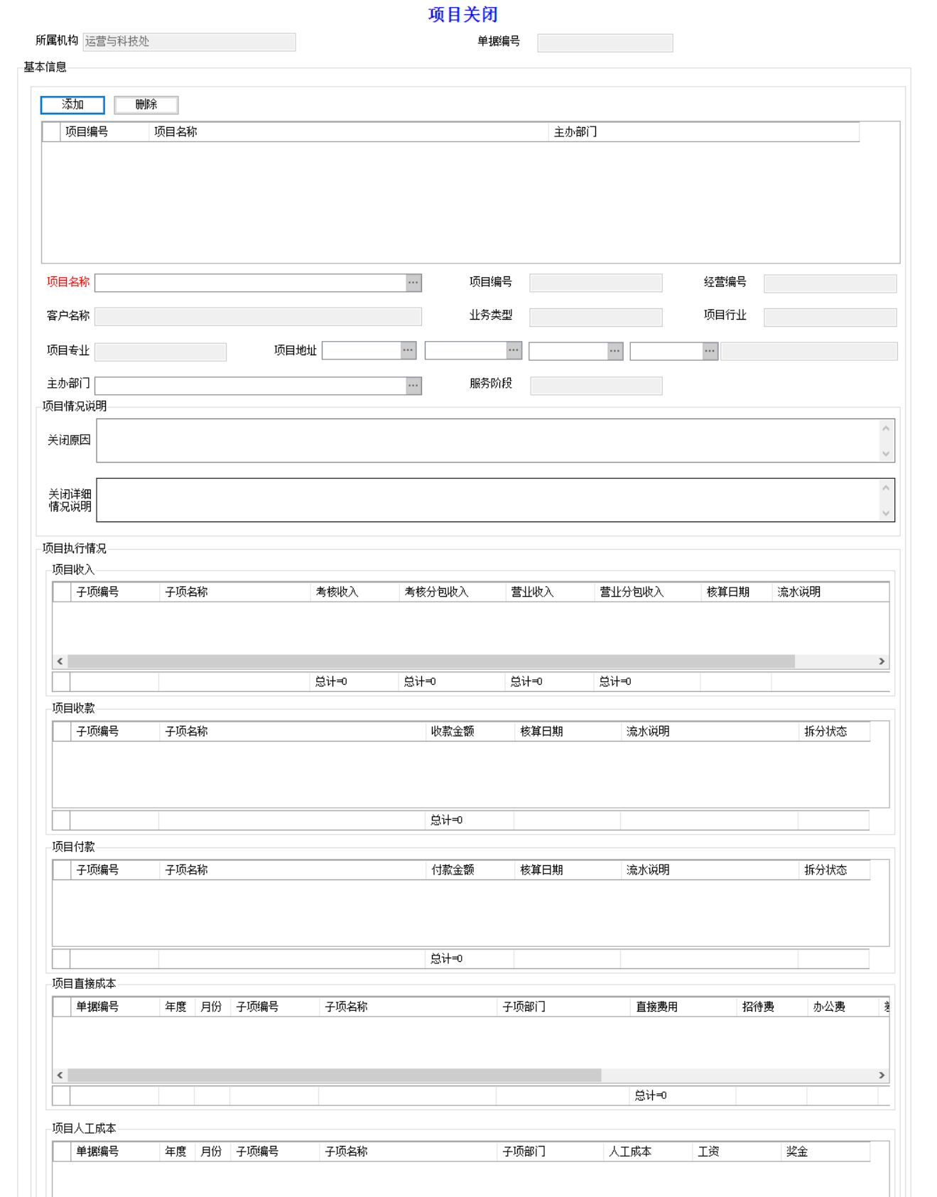 表单：项目关闭
